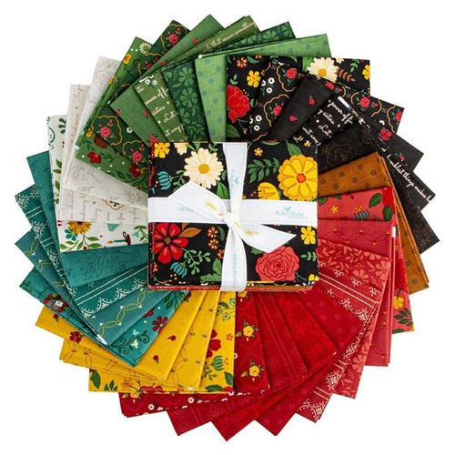 Riley Blake Fabrics Orchard House Heather Peterson Fat Quarter Bundle, 30 Pcs, featuring colorful floral and festive fabric prints beautifully arranged around a gift box.