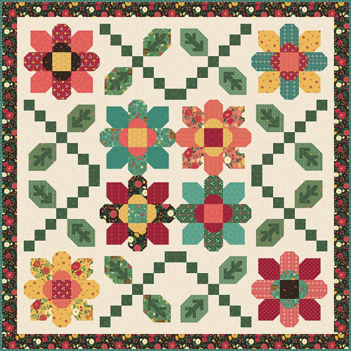 Riley Blake Fabrics Heather Peterson Daisy Chain Quilt Pattern, colorful floral quilt featuring vibrant flowers and green leaves with a decorative border.