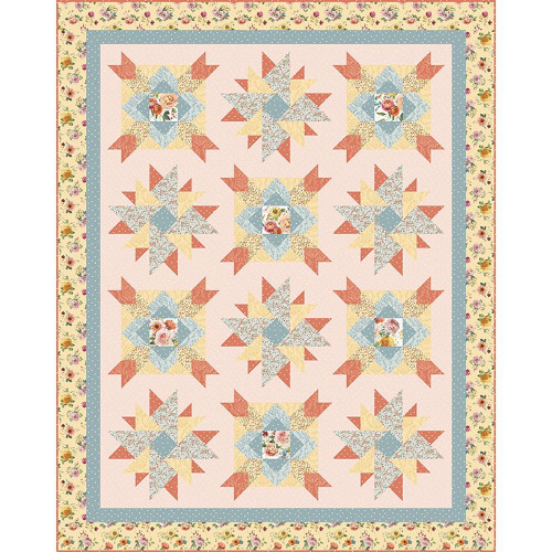 Riley Blake Fabrics The Whimsical Workshop Vintage Blooms Quilt Pattern, with a detailed patchwork design featuring floral and geometric motifs in pastel colors.