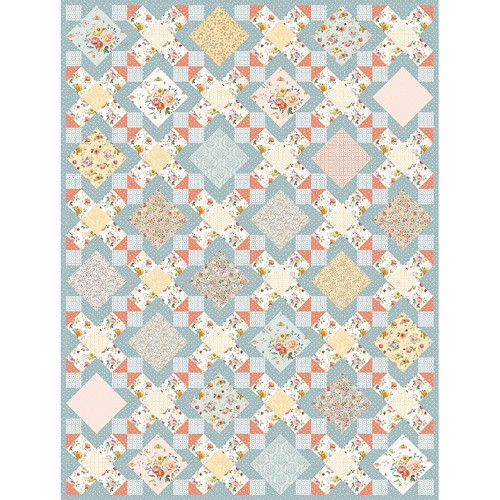 Riley Blake Fabrics Charisma Horton Summer Waltz Quilt Pattern, colorful floral fabric quilt design with patchwork squares and diamond shapes in pastel shades of blue, pink, yellow, and white.
