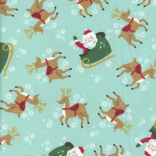 Riley Blake Fabrics The North Pole Flannel My Minds Eye Reindeer Toss Aqua Blue, Christmas-themed fabric featuring cheerful reindeer, Santa Claus in a sleigh, snowflakes, and holiday motifs on a light blue background.