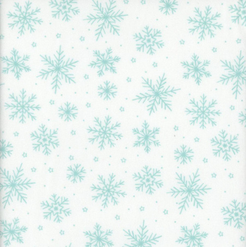 Riley Blake Fabrics The North Pole Flannel My Minds Eye Snowflakes White, light blue snowflake pattern on white background.