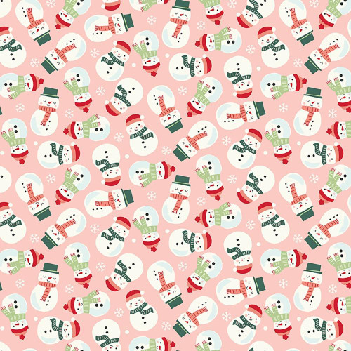 Riley Blake Fabrics The North Pole Flannel My Minds Eye Snowmen Blush Pink, Christmas snowmen pattern on pink background.
