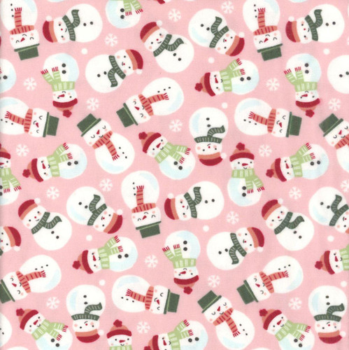 Riley Blake Fabrics The North Pole Flannel My Minds Eye Snowmen Blush Pink, fabric pattern featuring numerous cute snowmen with scarves and hats on a pink background.