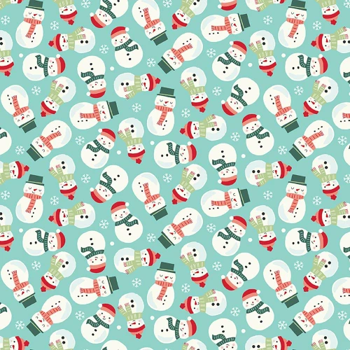 Riley Blake Fabrics The North Pole Flannel My Minds Eye Snowmen Aqua Blue, a cute pattern of snowmen wearing scarves and hats, with snowflakes on a light blue background.