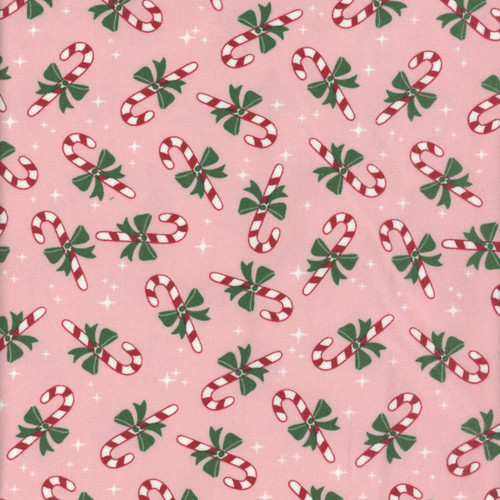 Riley Blake Fabrics The North Pole Flannel My Minds Eye Candy Cane Blush Pink, Christmas themed fabric with candy canes and holly leaves pattern.