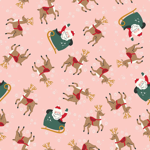 Riley Blake Fabrics The North Pole Flannel My Minds Eye Reindeer Toss Blush Pink, a festive Christmas-themed fabric pattern featuring Santa Claus in a sleigh and reindeer on a blush pink background with snowflakes.
