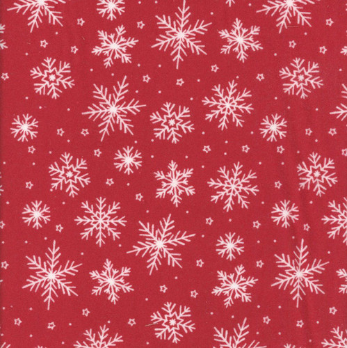 Riley Blake Fabrics The North Pole Flannel My Minds Eye Snowflakes Tomato Red, snowflake pattern on red background.