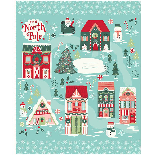 Riley Blake Fabrics The North Pole Flannel My Minds Eye Christmas Panel 36 Blue Red, festive holiday scene with Christmas buildings, trees, snowmen, snow, and holiday decorations.