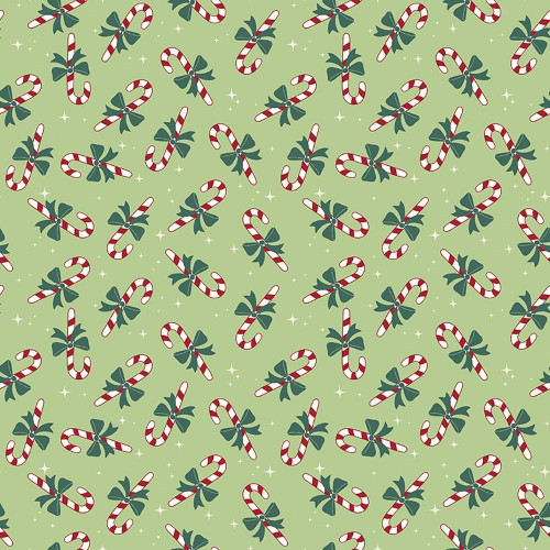 Riley Blake Fabrics The North Pole Flannel My Minds Eye Candy Cane Honeydew Green, festive pattern of red and white candy canes with green holly leaves on a light green background.