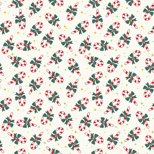 Riley Blake Fabrics The North Pole Flannel My Minds Eye Candy Cane White, Christmas-themed fabric with red and white candy canes, green holly leaves, and small yellow stars design