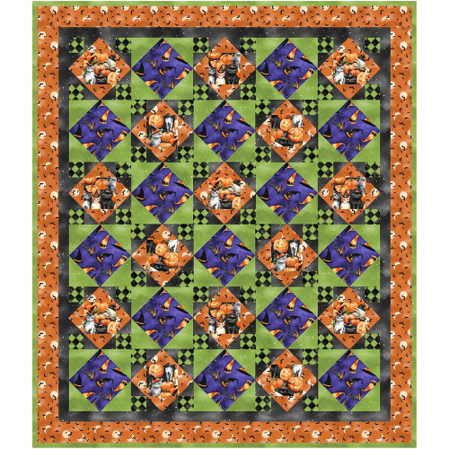 Wilmington Prints Spooky Tails Small Quilt Kit, colorful Halloween-themed quilt with patterns of pumpkins, cats, bats, and witches' hats in orange, purple, black, and green colors.