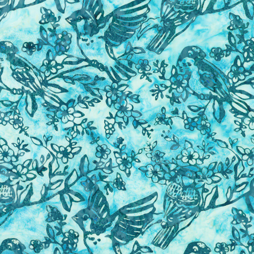 Robert Kaufman Fabrics Backyard Birds Artisan Batiks Turquoise Blue Birds in Flowering Trees