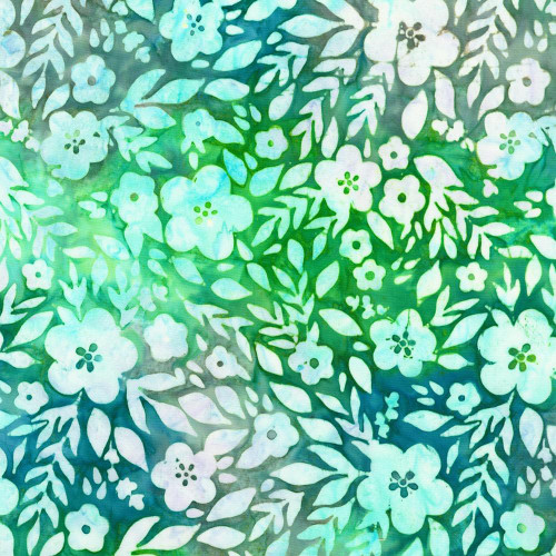 Robert Kaufman Fabrics Backyard Birds Artisan Batiks Meadow Green Tropical Flowers Foliage, fabric with a vibrant green background and white floral and foliage patterns.