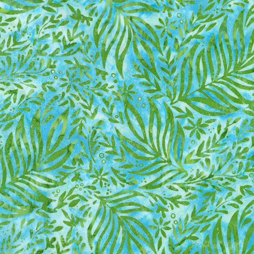 Robert Kaufman Fabrics Backyard Birds Artisan Batiks Water Blue Palms and Flowers, water blue background with green palm leaves and floral patterns.