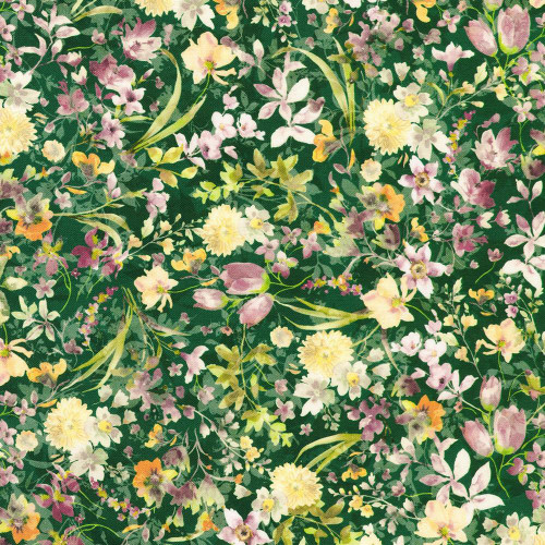 Robert Kaufman Fabrics Cider Blossom Moss Green Meadow Flowers, floral fabric with yellow, pink, purple, and white flowers on a green background.