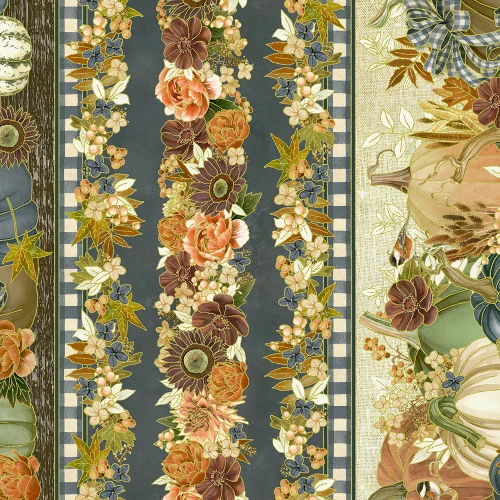 Robert Kaufman Fabrics Hello Fall Denim Blue Pumpkin Repeating Stripe