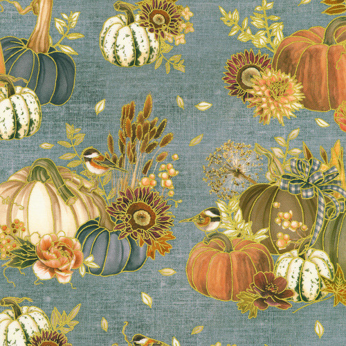 Robert Kaufman Fabrics Hello Fall Dusty Blue Pumpkins Sunflowers Burlap