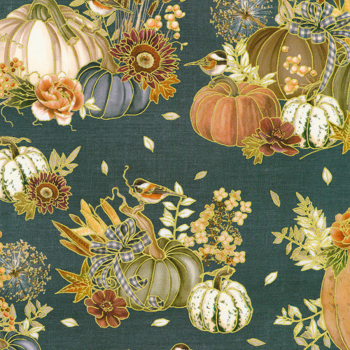 Robert Kaufman Fabrics Hello Fall Denim Blue Pumpkins Sunflowers Burlap