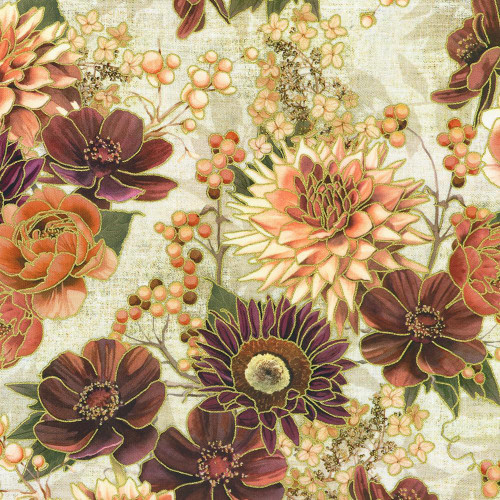 Robert Kaufman Fabrics Hello Fall Linen Cream Mums Dahlias Sunflowers, floral pattern on linen fabric with large dahlias, sunflowers, and smaller flowers in autumnal colors.