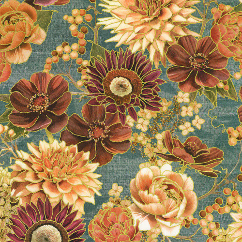 <p>Robert Kaufman Fabrics Hello Fall Dusty Blue Mums Dahlias Sunflowers</p>