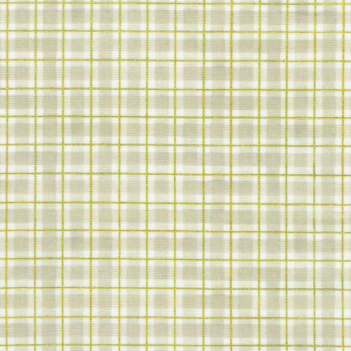 Robert Kaufman Fabrics Hello Fall Mushroom Brown Fall Plaid, close-up of beige fabric featuring a yellow and brown plaid pattern.