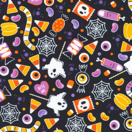 Robert Kaufman Fabrics Lights Out Glow in the Dark Spooky Black Candy Ghosts