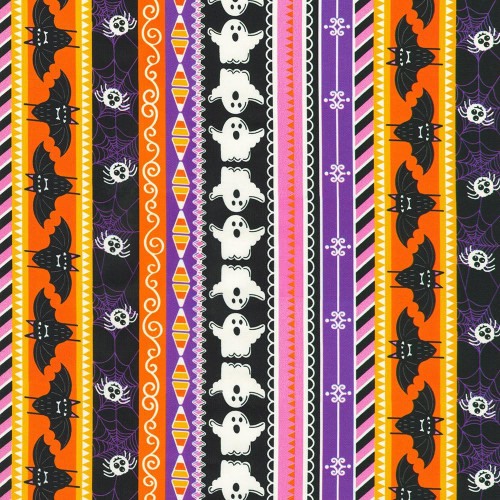 Robert Kaufman Fabrics Lights Out Glow in the Dark Spooky Black Halloween Ghost Spider Stripe, vibrant Halloween-themed fabric with bats, ghosts, spiders, and decorative borders in glow-in-the-dark colors.