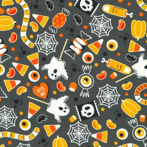 Robert Kaufman Fabrics Lights Out Glow in the Dark Shadow Black Candy Ghosts, Halloween-themed fabric with ghost, candy, spiderweb, and pumpkin illustrations on a dark background