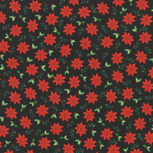 Robert Kaufman Fabrics Tiny Tidings Christmas Black Poinsettia, festive fabric with red poinsettias and green holly leaves on a black background.