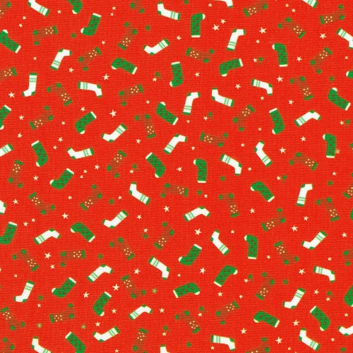 Robert Kaufman Fabrics Tiny Tidings Christmas Garnet Red Christmas Stockings, festive holiday pattern of green and white Christmas stockings with gold accents on a red background.