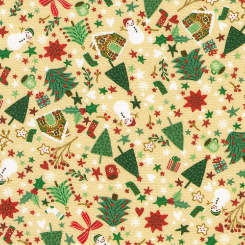 Robert Kaufman Fabrics Tiny Tidings Christmas Tan Cream Christmas Trees Snowman fabric with holiday motifs and festive patterns.