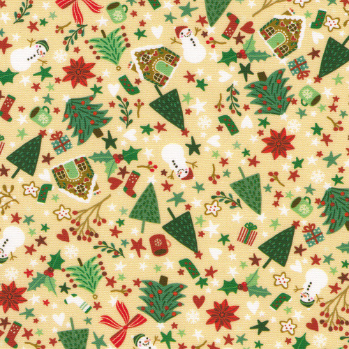 Robert Kaufman Fabrics Tiny Tidings Christmas Tan Cream Christmas Trees Snowman