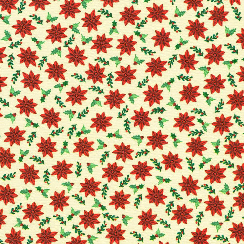 Robert Kaufman Fabrics Tiny Tidings Christmas Cream Poinsettia, Christmas-themed fabric with red poinsettia flowers and green holly leaves on a cream background.