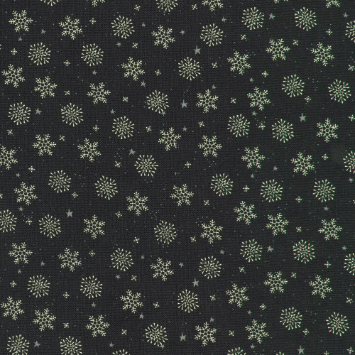 Robert Kaufman Fabrics Tiny Tidings Christmas Black Snowflakes Snow, fabric with a black background and white snowflake pattern.
