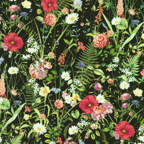 Robert Kaufman Fabrics Twilight Terrace Black Ferns Exotic Tropical Flowers, vibrant floral fabric pattern with various tropical flowers and green foliage on black background.