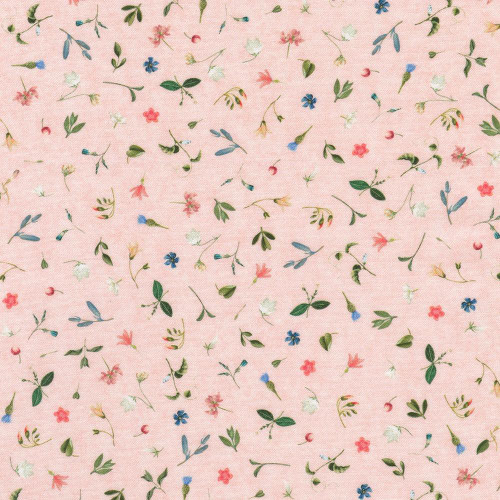 Robert Kaufman Fabrics Twilight Terrace Primrose Pink Tossed Mini Flowers, pink floral print fabric with small scattered pink, white, blue, and green flowers and leaves.