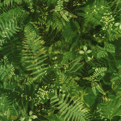 Robert Kaufman Fabrics Twilight Terrace Fern Green Ferns, fabric with lush green fern and leaf patterns.