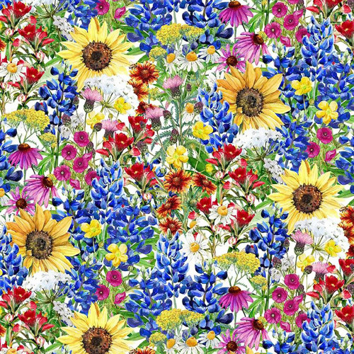 In The Beginning Fabrics Hill Country Wildflowers Field Full of Flowers, vibrant and colorful field of various blooming wildflowers including sunflowers, daisies, and lupines.