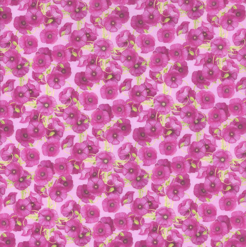 In The Beginning Fabrics Hill Country Wildflowers Winecup, fabric featuring a vibrant pattern of pink winecup flowers with green leaves on a light pink background.