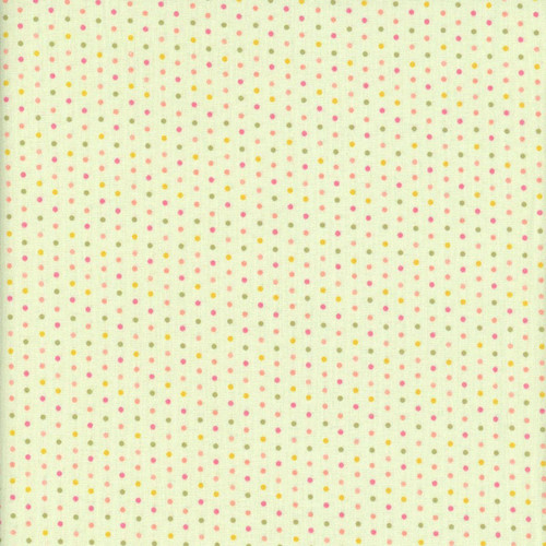Henry Glass Fabrics Bloomscape Jane Shasky Green Multi Small Dots, fabric with a pattern of small pink, yellow, and olive green dots on a light background.