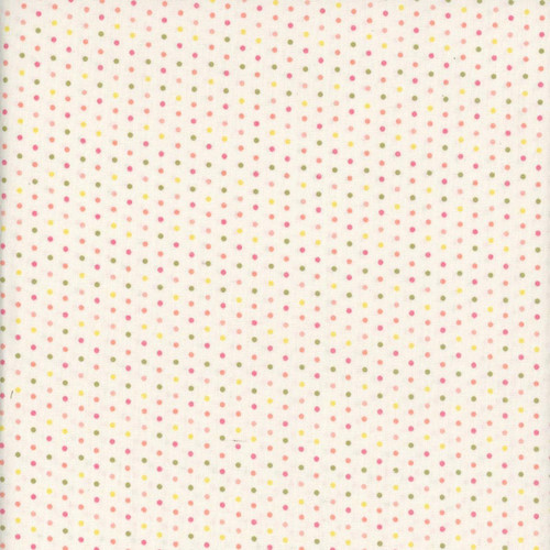 Henry Glass Fabrics Bloomscape Jane Shasky White Multi Small Dots, fabric with a white background and small pink, yellow, and green dots evenly distributed across the surface.