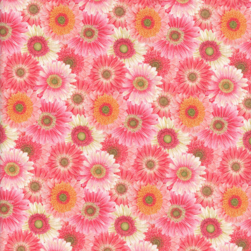 Henry Glass Fabrics Bloomscape Jane Shasky Pink Multi Packed Flowers, close-up of vibrant pink, orange, cream, and green floral print fabric with detailed daisy patterns.