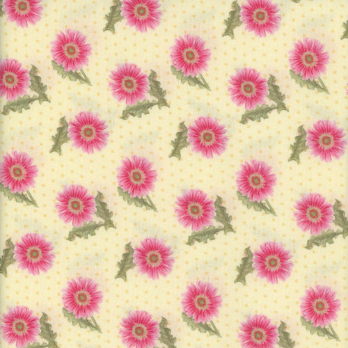 Henry Glass Fabrics Bloomscape Jane Shasky Yellow Multi Tossed Daisy, fabric with pink daisies and green leaves on a yellow background with small yellow polka dots.