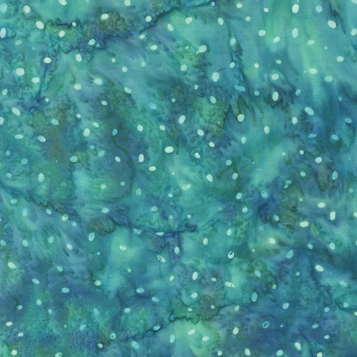 Windham Fabrics Anthology Batiks Jacqueline de Jonge Sparkly Christmas Teal Blue Twinkle, fabric with a teal and blue batik pattern featuring white speckles resembling sparkles or snowflakes.