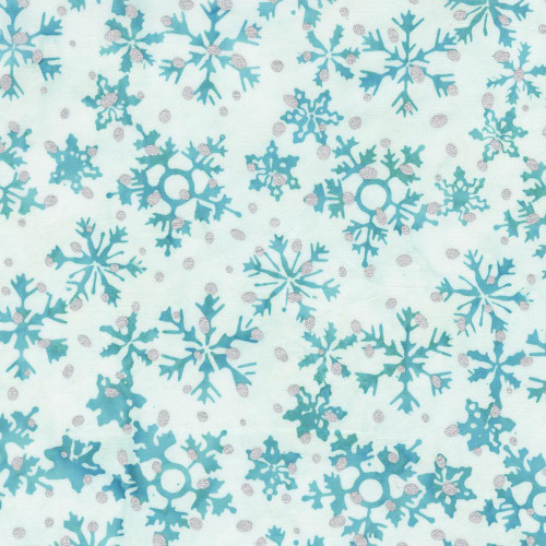 Windham Fabrics Anthology Batiks Jacqueline de Jonge Sparkly Christmas Snow Day Snowflakes, blue snowflake pattern with glittery accents on a light background.