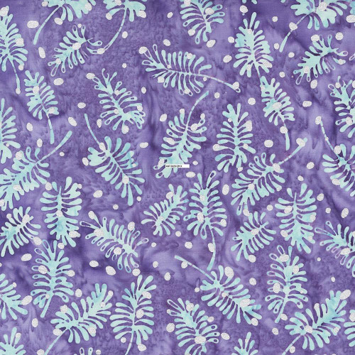 Windham Fabrics Anthology Batiks Jacqueline de Jonge Sparkly Christmas Lavender Purple Pine Leaves, a fabric with lavender and purple pine leaf patterns and sparkly accents.