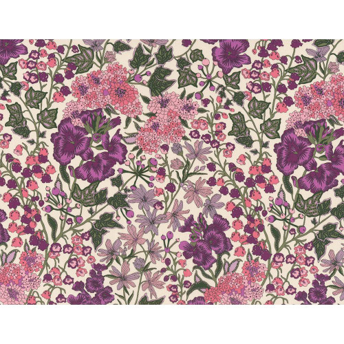 Liberty of London Fabrics Tana Lawn Bloom Serenade Edna Berry Pink Purple Green Hedge Wildflowers, floral fabric pattern with pink, purple, and green wildflowers and foliage on a cream background.