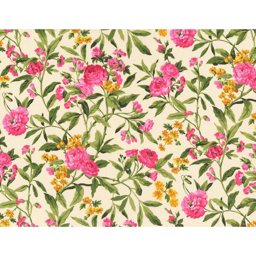 Liberty of London Fabrics Tana Lawn Bloom Serenade Matilda Trail Pink Green Cream Roses, a floral fabric pattern with pink roses, green leaves, yellow flowers on a cream background.