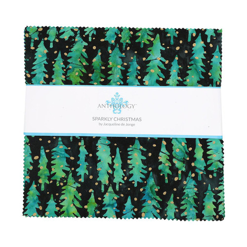 Windham Fabrics Anthology Batiks Jacqueline de Jonge Sparkly Layer Cake 42 Ten Inch Squares, fabric with a Christmas-themed pattern of teal and green pine trees with gold accents on a black background.